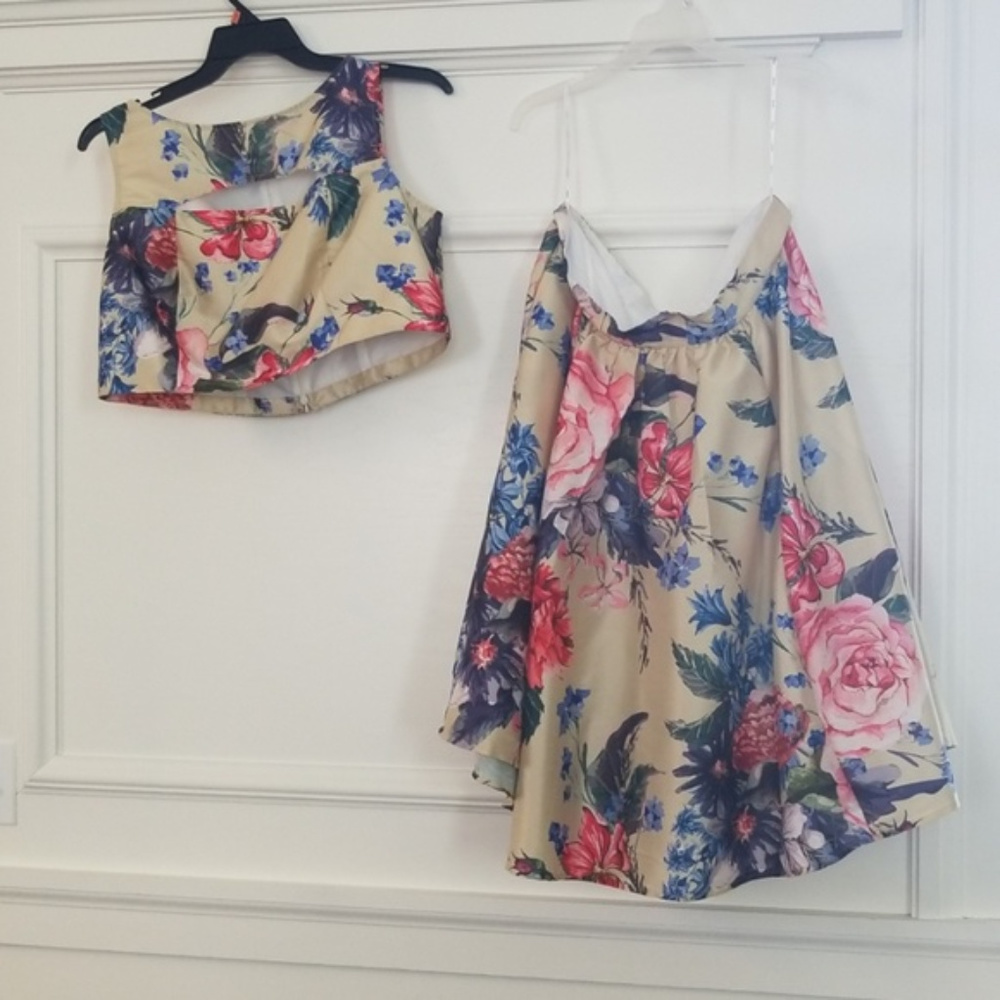 Champagne gold floral two piece dress set